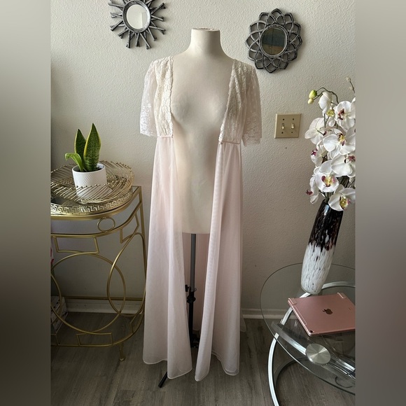 1960's Empire Waist Peignoir Val Mode Robe 2 Layer Sheer Chiffon Nylon Lace Sz M - Picture 3 of 4